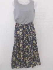 ◇ Andemiu アンデミュウ 切替 花柄 ノースリーブ 膝下丈 ワンピース サイズF グレー ネイビー マルチ レディース P  【中古】 【1210110002569】