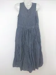 ◇ ikka イッカ ピンストライプ ノースリーブ 膝下丈 ワンピース サイズL ネイビー ホワイト レディース P  【1210120007172】