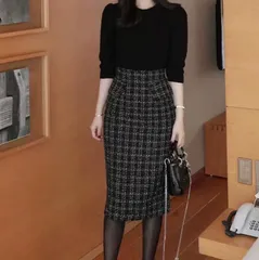 30代 40代 50代 細見えスカート 膝丈 ハイウエスト タイトスカート 秋冬 ツイード素材 レディース チェックスカート ロング 着痩せ 大人225588