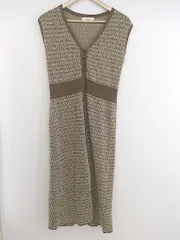 ◇ Discoat 総柄 ノースリーブ 膝下丈 ニットワンピース サイズF ブラウン ベージュ レディース P  【中古】 【1210240002828】