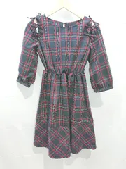 ◇ ｔocco チェック リボン 裏地 七分袖 膝丈 ワンピース サイズM ネイビー レッド レディース E  【1211150030765】