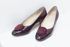 【185984】Salvatore Ferragamo サルヴァトーレフェラガモ  スエードフラワーリボン　ガラスレザー　パンプス  4 1/2 C