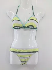 ◇ ◎ ●美品● KID BKUE タグ 定価2万円 ボーダー ビキニ 水着 セットアップ上下 サイズ B86～94 グリーン レディース P  【1211300002420】