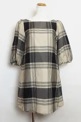 【179955】Anatelier アナトリエ  七分袖　ミニワンピース　チェック柄　ウール×シルク  36 ベージュ系/ブラック