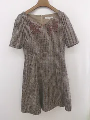◇ MERCURYDUO チェック 刺繍 半袖 ミニ フレア ワンピース サイズ F ベージュ ブラウン ブルー レディース P  【1212170001476】