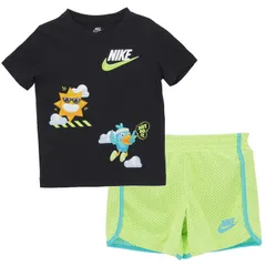 ナイキ キッズ 半袖Tシャツ ショートパンツ 上下 98-122cm 子供服 NIKE JUST BELIEVE SHORT SET セットアップ スポーツウェア 子ども プリントTシャツ ハーフパンツ 2点セット ブラック 夏服/86M971-E0Z