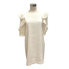 スナイデル SNIDEL ワンピース クルーネック コットン フリル シースルー 刺繍 半袖 ミニ丈 0 白 ホワイト