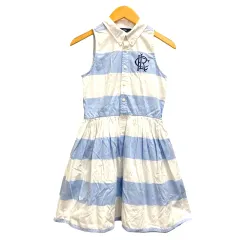 ラルフローレン RALPH LAUREN ワンピース ノースリーブ シャツ ボーダー ロゴ刺繍 140 水色 ライトブルー 白 ホワイト 女の子