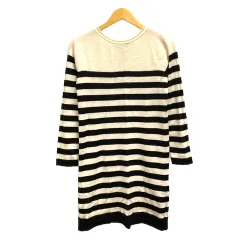 ビームスハート BEAMS HEART ニット セーター ボーダー リボン チュニック丈 ウール混 長袖 黒 ブラック 白 アイボリー 