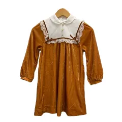 mini collection ワンピース 216129 フレア レース リボン 女の子 ベロア 無地 長袖 膝丈 110A 茶 ブラウン 白 ホワイト キッズ