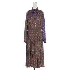 ジュンヤワタナベ JUNYA WATANABE コムデギャルソン 花柄 リボンタイ プリーツロングワンピース ドレス 長袖 S オリーブ/ネイビー JD-O009のサムネイル
