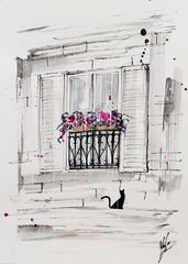 原画#178 ベネチア 雨 白黒 イタリア 風景画 水彩画 ドローイング