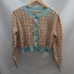 ◇ ems excite チェック ショート丈 クルーネック 長袖 ニット カーディガン サイズF オレンジ系 レディース E  【1212260016489】