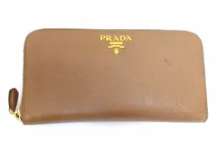 【216322】PRADA プラダ  メタルロゴ　レザー　ラウンドファスナー長財布 ベージュ・ブラウン系