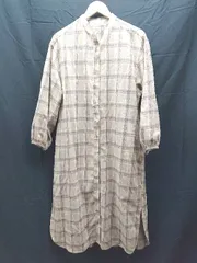 ◇ merlot メルロー チェック柄 シャツ スタンドカラー 長袖 ロング ワンピース サイズF ベージュ系 レディース E  【1212260016229】