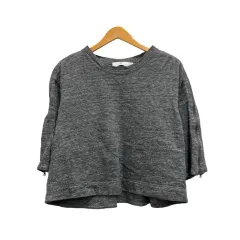 アディダス バイ ステラマッカートニー adidas by Stella McCartney トレーナー 七分袖 クルーネック ロゴプリント コットン G85683 A2B001 M グレー ターコイズブルー レディース