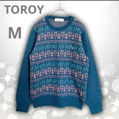【即決ご希望額はコメントへ】  TOROY　トロイ　ノルディック柄　ニット　毛混　セーター　エメラルドブルー　Ｍ　日本製　レトロ調　ヴィンテージ風　古着女子　大人可愛い　高見え　お洒落　暖かい　秋冬　こなれ感　映え　主役級　定番　トラッド　上品　人気　華やか