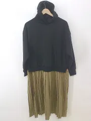 ◇ Luciole ドッキング 裏起毛 プリーツ 長袖 膝下丈 ワンピース サイズL ブラック キャメル ブラウン系 レディース P  【1212280004022】