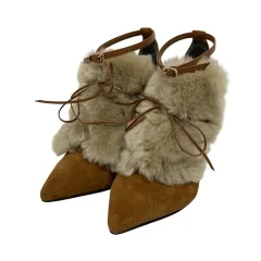 ダイアナ DIANA パンプス ハイヒール ポインテッドトゥ 無地 スエード ファー 22.5 茶 ブラウン ベージュ