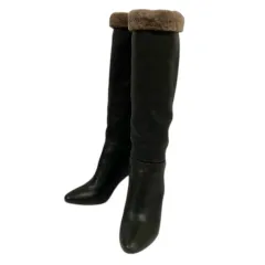 モレスキー MORESCHI ロング ブーツ ハイヒール コーンヒール ポインテッドトゥ ファー 裏ファー 無地 36 1/2 黒 ブラック 茶 ブラウン