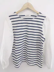 ◇ Samansa Mos2 blue ボーダー 切替 長袖 ブラウス カットソー サイズF ホワイト ネイビー レディース P  【1301060003949】