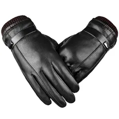 [Kemolpo] 手袋 メンズ 革手袋 スマホ対応 防寒 レザーグローブ 裏起毛 保温 防風 撥水加工 バイク 運転 通勤 秋 冬 (ブラック-長方形飾りボタン) 1