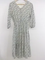 ◇ ◎ GLACIER 花柄 Vネック ウエストゴム 長袖 膝下丈 ワンピース サイズM オフホワイト グリーン系 レディース P  【1301070003274】