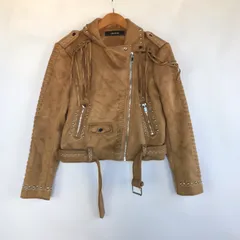 ZARA BASIC フェイクスエードスタッズ付きモトバイカージャケット レディース L ブラウン 3072202512270088