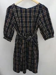 ◇ titty&Co. ティティー&コー チェック フレア 七分袖 ミニ ワンピース サイズS ネイビー系 レディース E  【1301120019477】