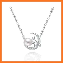 【新品】 [Cute jewelry　Mei Leaf] 猫 パール 真珠 ネックレス シルバー あずきチェーン アジャスター付き レディース (c 猫と月) 0