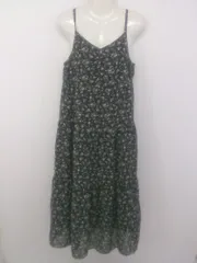 ◇ ems excite Vネック 花柄 ロング キャミソールワンピース サイズM ブラック グレー系 マルチ レディース P  【1301170008063】