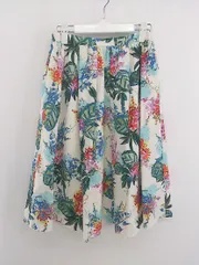 ◇ DONEEYU ドニーユ ボタニカル柄 膝下丈 フレア スカート サイズ38 ホワイト系 グリーン系 マルチ レディース P  【1301170009497】