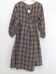 ◇ one after another NICE CLAUP チェック 長袖 膝下丈 ラップ ワンピース サイズF ネイビー ブラウン レディース P  【1301200002689】