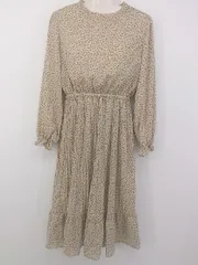 ◇ MAJESTIC LEGON 小花柄 フリルカラー プリーツ 長袖 膝下丈 ワンピース サイズM ベージュ系 マルチ レディース P  【1301260015315】