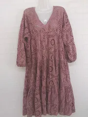 ◇ ◎ Ungrid アングリッド レース 刺繍 バックリボン 長袖 膝下丈 ワンピース サイズF ピンク系 レディース P  【1301260016558】