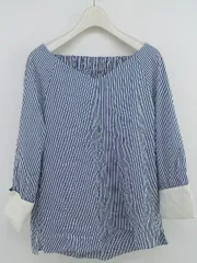 ◇ BAYFLOW ベイフロー ストライプ 七分袖 ブラウス カットソー サイズ2 ネイビー ホワイト レディース P  【1301300001438】