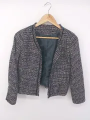 ◇ ◎ innowave ツイード風 フロントホック 長袖 ノーカラー ジャケット サイズM ネイビー ベージュ系 レディース P  【1301300004187】