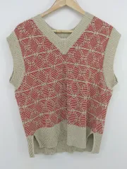 ◇ AS KNOW AS PLUS Vネック 総柄 ニット ベスト サイズF ベージュ レッド系 レディース P  【1301310006102】