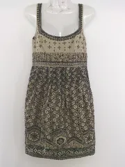 ◇ ELIE TAHARI エリー タハリ 装飾 スパンコール ノースリーブ ミニ ワンピース ベージュ ブラック レディース P  【1301310004832】