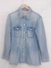 ◇ MOUSSY マウジー ダメージ加工 長袖 デニム シャツ サイズ F ブルー レディース E  【1302010029927】