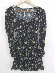 ◇ ZARA ザラ 花柄 肩パッド 長袖 ミニ ワンピース サイズEUR XS USA XS MEX 24 ブラック ピンク グリーン系 レディース E  【1302010029743】