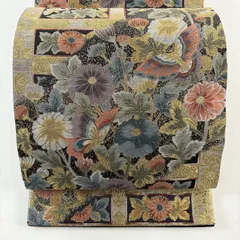 【美品】 袋帯 秀品 彩華蝶舞文 蝶 菊 金糸 箔 黒 六通 正絹 【中古】