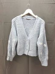 ◇ Heather ヘザー 花柄 刺繍 ショート丈 長袖 ニット カーディガン サイズF ブルー系 レディース E  【1302060035305】