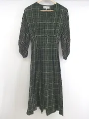 ◇ ◎ ROPE PICNIC チェック Vネック 長袖 膝下丈 ワンピース サイズ40 ダークグリーン系 ブラック ホワイト レディース P  【1302150001708】