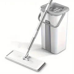 【簡単水拭き＆乾拭き】360度回転フラットモップ バケツ付き 床掃除 マイクロファイバー ダストモップ 家庭用モダンデザイン MOPPDUS製