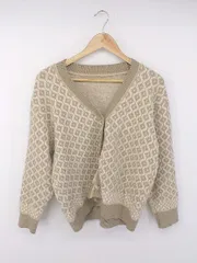 ◇ JUNOAH ジュノア 総柄 長袖 ジャガード ニット カーディガン サイズ M ベージュ ホワイト レディース E  【1303240009697】
