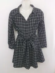 ◇ ◎ CECIL McBEE チェック インナーキャミソール付 長袖 ミニ ワンピース サイズM ブラック ホワイト系 レディース P  【1304010003631】のサムネイル