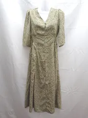 ◇ 美品 natural couture 小花柄 総柄 とろみ生地 Vネック 七分袖 ロング ワンピース サイズF グリーン系 レディース E  【1304050026355】
