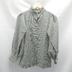 ◇ kutir フリルスタンドカラー チェック くるみボタン 長袖 シャツ ウーブン フリーサイズ グリーン系 レディース E  【1304050028410】