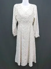 ◇ NICE CLAUP ナイスクラップ ドット柄 ウエスト両サイドゴム 長袖 ロング ワンピース サイズF オフホワイト レディース E  【1304120024656】